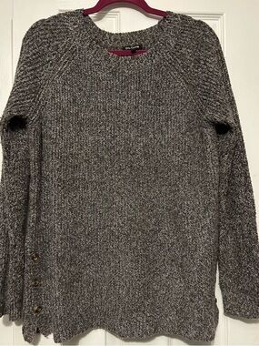 Pink Clover Gray Marled Crewneck Sweater with side button details.